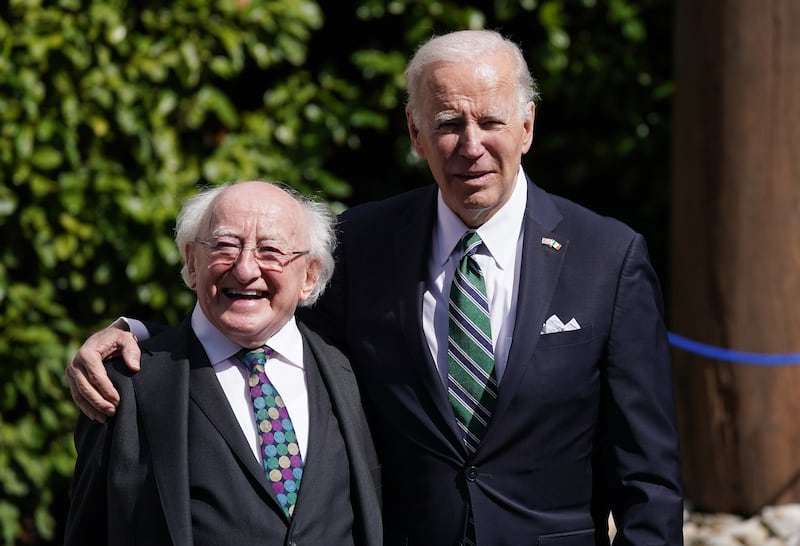 US President Joe Biden with Irish President Michael D Higgins at Aras an Uachtarain, in Dublin in 2023