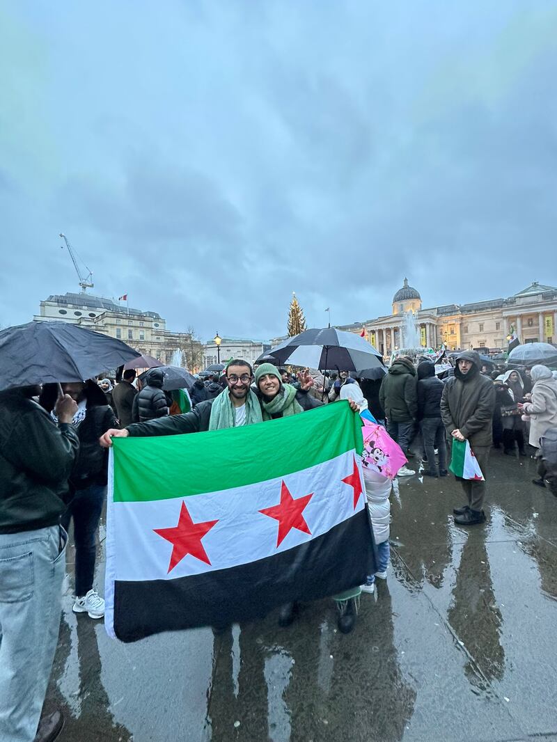 Zouhir Al-Shimale joined hundreds of other Syrians in Trafalgar Square to celebrate Assad’s regime collapse