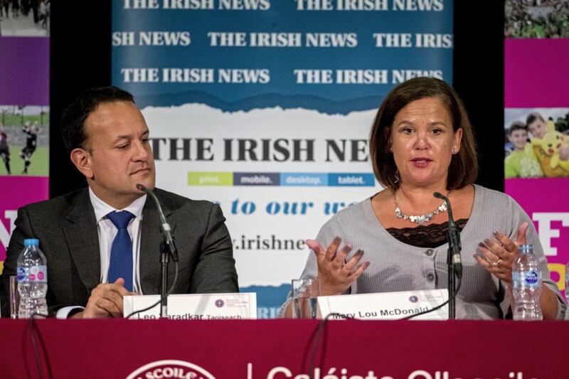 Fine Gael leader Leo Varadkar and Sinn F&eacute;in president Mary Lou McDonald in Belfast last year. Picture by Liam McBurney/PA 
