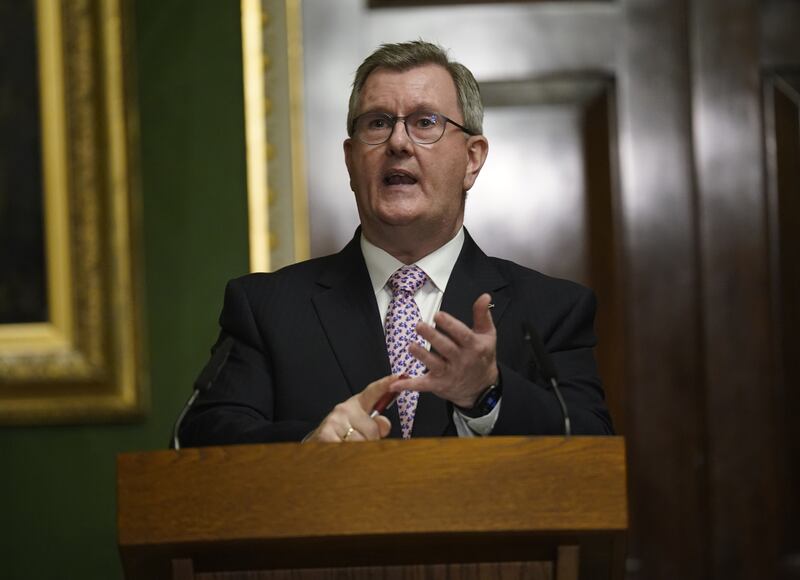 DUP leader Sir Jeffery Donaldson during a joint press conference with Northern Ireland Secretary Chris Heaton-Harris at Hillsborough Castle