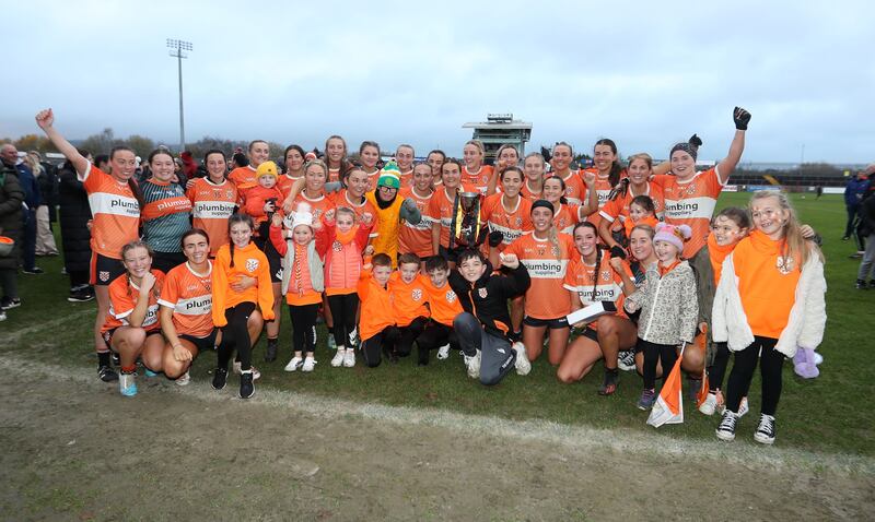 Clann Eireann players celebrate after their win over Bredagh in the Ulster Senior Ladies' Football final at Healy Park, Omagh on Sunday