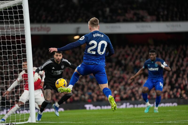 VAR could not rule decisively on whether the ball went out of play before Bowen crossed for Tomas Soucek. (Alastair Grant/AP)