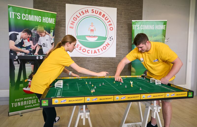 Ruby Matthews with fellow Subbuteo player Elliott Bellefontaine ahead of the World Cup