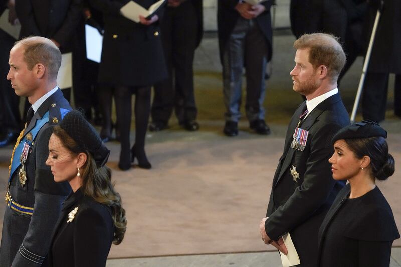 The Prince and Princess of Wales and the Duke and Duchess of Sussex after the death of Queen Elizabeth II