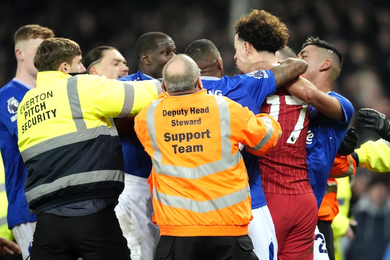 Liverpool’s Curtis Jones and Everton’s Abdoulaye Doucoure were sent off after the final whistle after an altercation