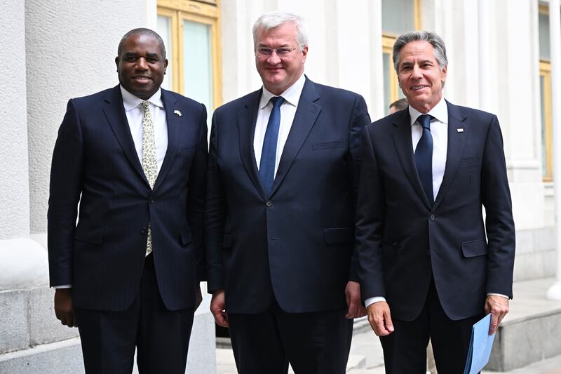 Foreign Secretary David Lammy and US Secretary of State Antony Blinken are greeted by Foreign Minister of Ukraine Andrii Sybiha