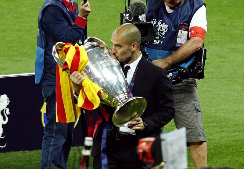 Pep Guardiola celebrates winning the Champions League with Barcelona 