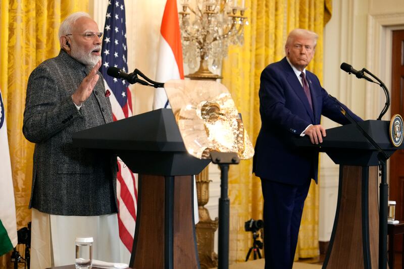 India’s Prime Minister Narendra Modi speaks as President Donald Trump listens during the press conference (Ben Curtis/AP)