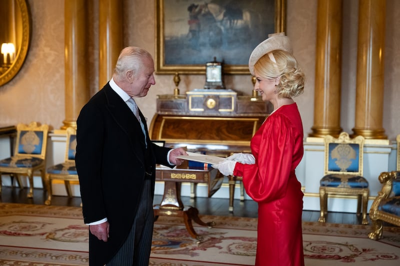 The King carrying out an audience with the ambassador of North Macedonia, Katerina Stavreska, at Buckingham Palace