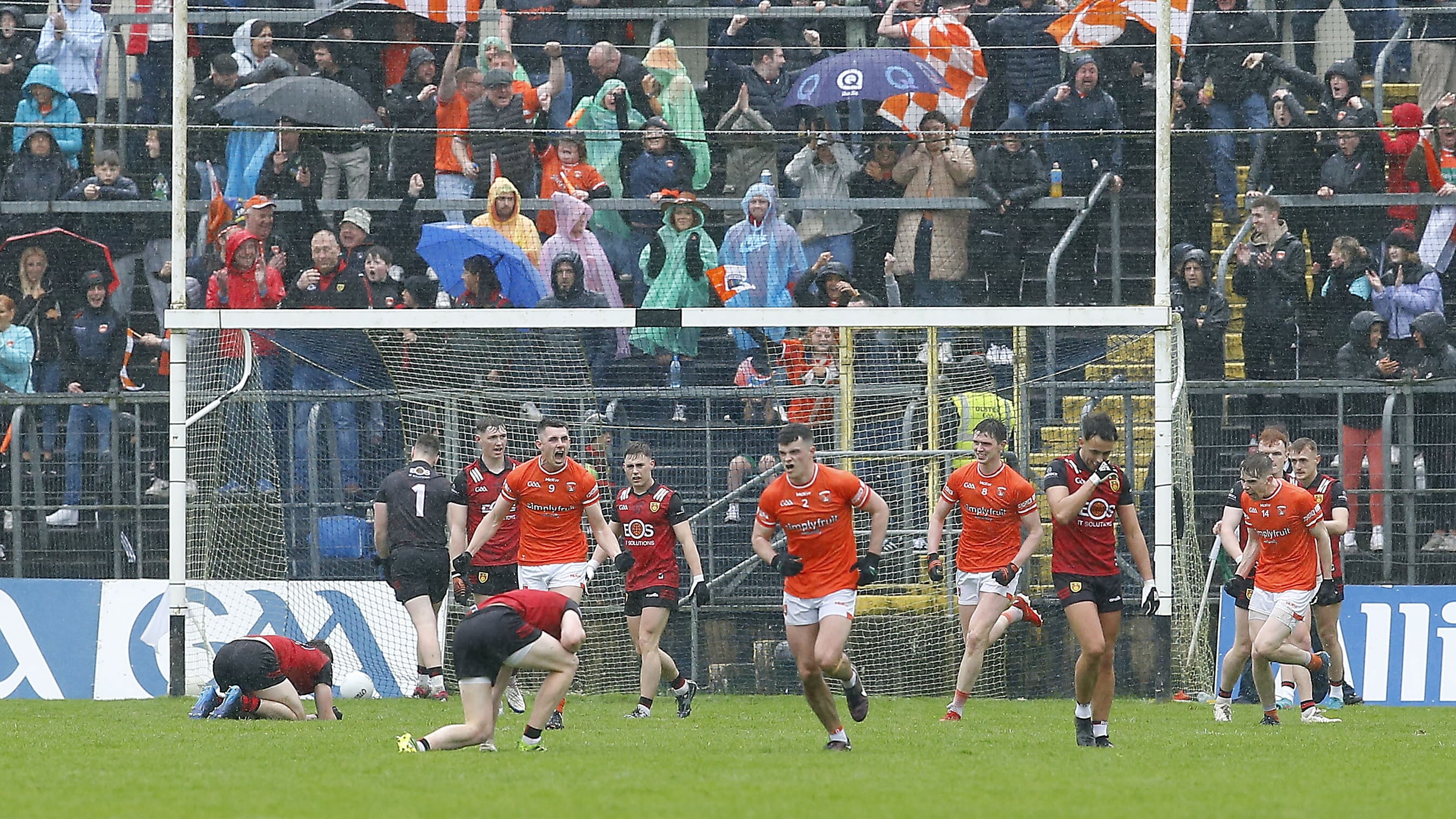 Armagh celebrate a goal in their 4-10 to 0-12 Ulster SFC semi-final demolition of old rivals Down in Clones. Picture: Philip Walsh