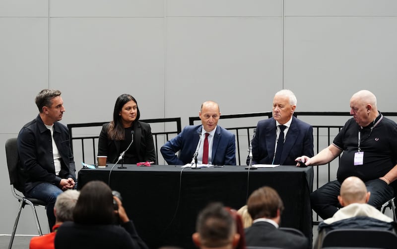 Gary Neville, left, attended the fringe meeting with Culture, Media and Sport Secretary Lisa Nandy, second left