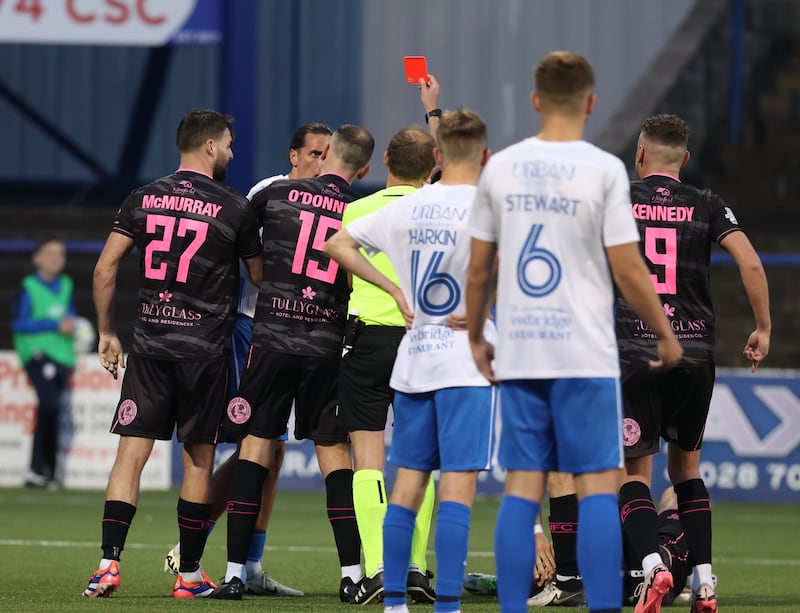 Coleriane Jamie Glackin Receives a red card In tonight's game Coleraine v Ballymena at Ballycastle Rd Coleraine  in the Sports Direct Premiership Pacemaker - Belfast -  -14/1/23.