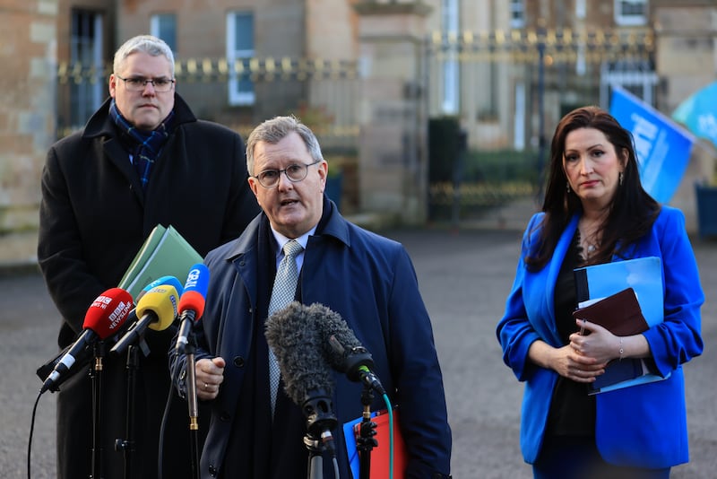 DUP leader Sir Jeffrey Donaldson (centre) speaking to the media with Emma Little-Pengelly and Deputy Leader of the DUP Gavin Robinson outside Hillsborough Castle after meeting with Northern Ireland Secretary Chris Heaton-Harris who is meeting political parties over the Stormont stalemate. Picture date: Monday January 15, 2024. PA Photo. The Assembly has been effectively collapsed for almost two years. The DUP is refusing to participate until unionist concerns around post-Brexit trading arrangements are addressed. See PA story ULSTER Stormont. Photo credit should read: Liam McBurney/PA Wire