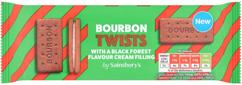 Bourbon twists with a black forest flavour cream filling are available in Sainsbury's