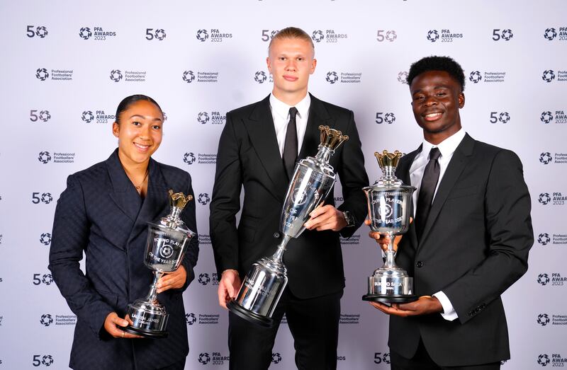 Lauren James, Erling Haaland and Bukayo Saka, left to right, with their PFA awards