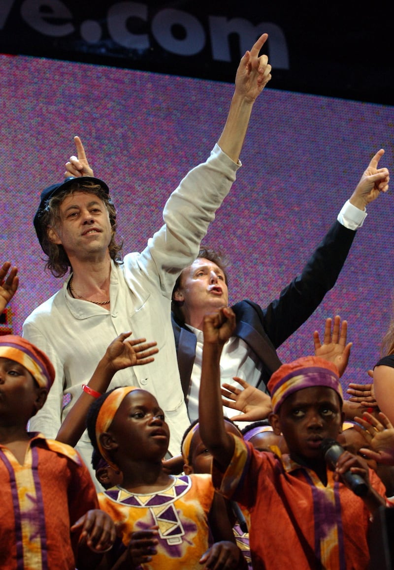 Bob Geldof with Sir Paul McCartney at a Live 8 concert in Hyde Park ahead of the G8 summit