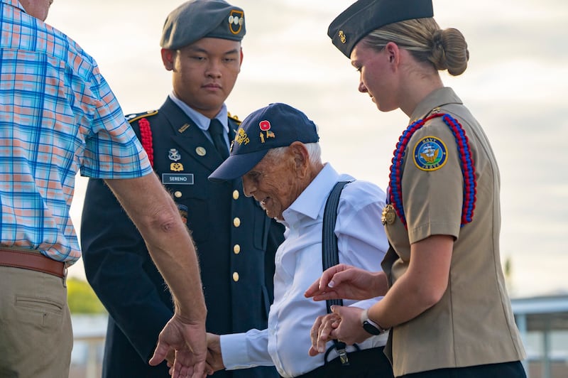 Pearl Harbour survivor Harry Chandler, then 102, attends the 82nd Remembrance Day ceremony in December 2023 (Mengshin Lin/AP)