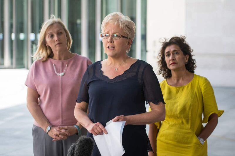 Carrie Gracie (centre) speaks to the media alongside journalists Martine Croxall (left) and Razia Iqbal