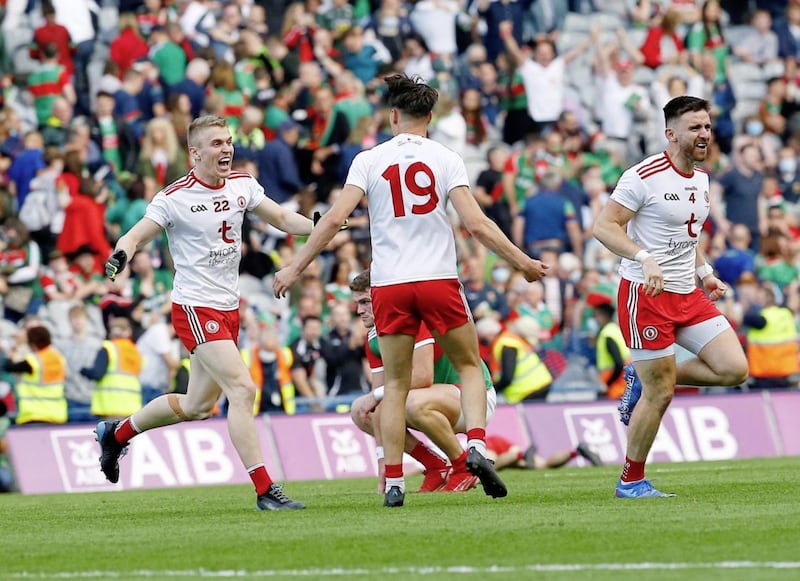 Tyrone celebrate at the end of the GAA Football All-Ireland Senior Championship final between Tyrone and Mayo at Croke Park. Pic Philip Walsh. 