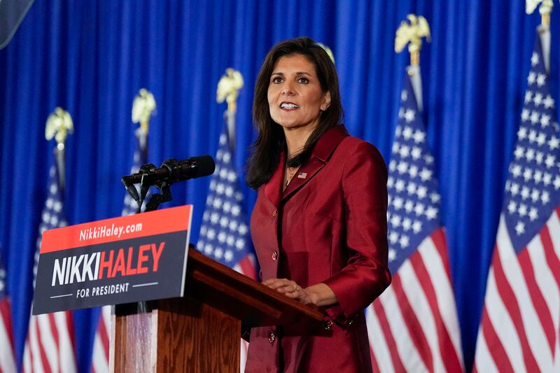 Republican presidential candidate former UN ambassador Nikki Haley speaks after the South Carolina presidential primary on Saturday (Chris Carlson/AP)