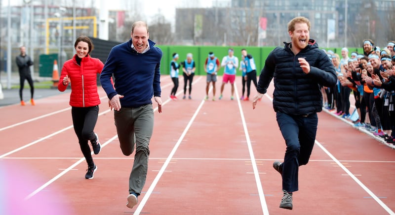 The then-Duke and Duchess of Cambridge and Prince Harry taking part in a race at the Queen Elizabeth Olympic Park to promote their mental health campaign Heads Together in 2017