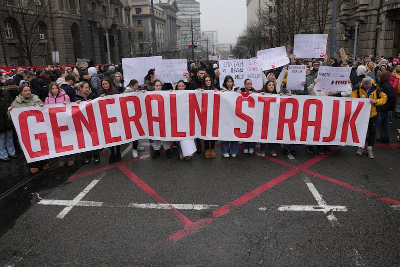 The march commemorates 15 victims killed after a railway concrete canopy fell in November in Novi Sad (AP)