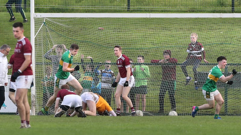 Glen's Emmett Bradley (on left) after scoring a goal against Slaughtneil in 2019. That semi-final victory wasn't translated into the ultimate success but it was the day people sat up and took real notice of the Wattys. Picture: Margaret McLaughlin