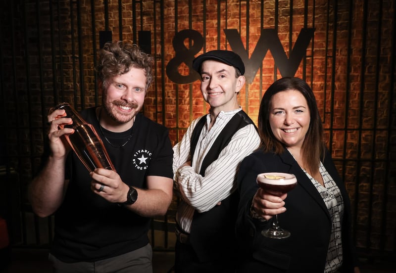 L-R: Phil Ervine, founding director of Taste & Tour NI; ‘Docker’ Mark Claney, visitor experience crew and Eimear Kearney, associate commercial director of Titanic Belfast are pictured as the world-leading visitor attraction announces the launch of two unique experiences on Thursday and Friday evenings throughout August.