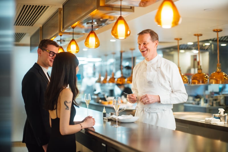 Chef Richard Ekkebus meets guests for the special Kitchen Experience at Amber at The Landmark, Mandarin Oriental in Hong Kong