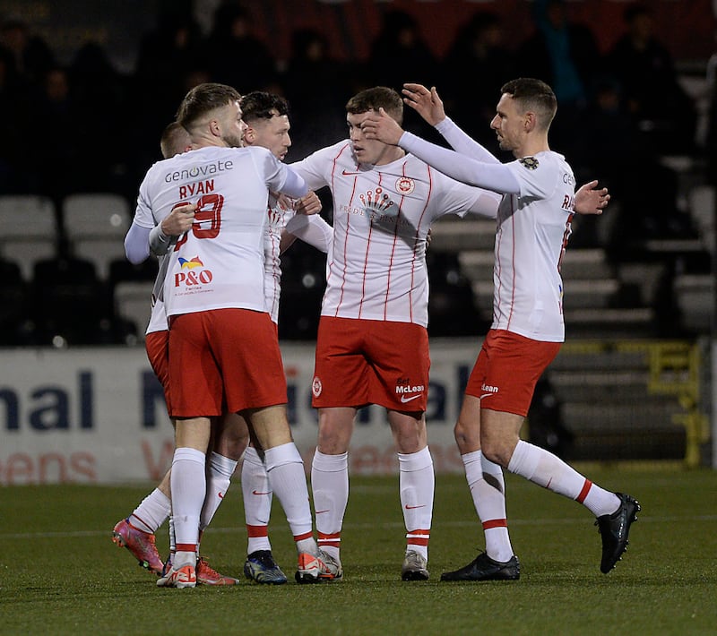 Larne celebrate it teams first goal during Tuesday nights match at Seaview in Belfast