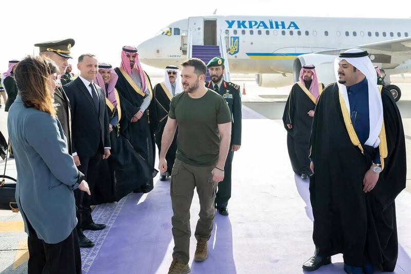 President Volodymyr Zelensky arrives at King Khalid International Airport, in Riyadh, Saudi Arabia (Saudi Press Agency via AP)