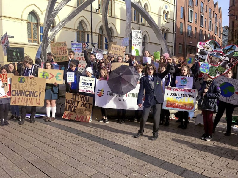 Dara McAnulty and other young environmental activists at a climate change rally in Belfast. Picture by McAnulty/PA 