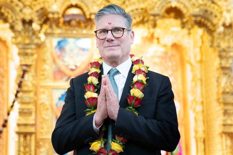 Labour Party leader Sir Keir Starmer during a visit to the Shree Swaminarayan Mandir Hindu temple in Kingsbury, London, while on the campaign trail