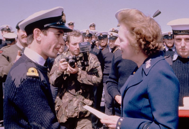 Prime Minister Margaret Thatcher meets personnel aboard HMS Antrim during her visit to San Carlos Water