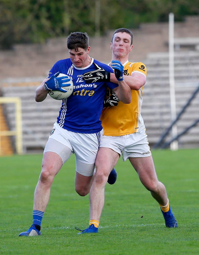 Scotstown's Darren Hughes and Clontibret's Killian Lavelle in action during the Greenfield Foods Senior Championship Final between Clontibret and Scotstown at Clones on October-20-2019. Pic Philip Walsh