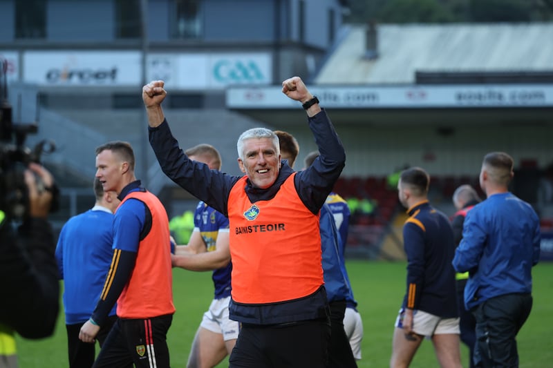 Portaferry Gerard McGrattan  celebrates  after  lifting the  Down GAA Senior Hurling Championship trophy at Pairs Esler on Sunday.
PICTURE COLM LENAGHAN