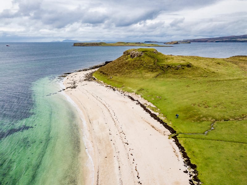 Aerial of the Clagain Coral Beach on the Isle of Skye, Scotland