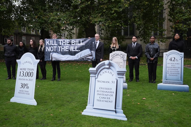 Members of Distant Voices, Christian Concern, the Christian Medical Fellowship and SPUC gathered in Westminster to protest against the proposed legislation