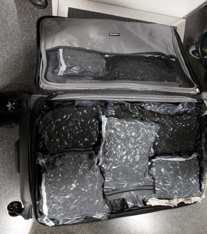 One of Fuster's suitcases filled with vacuum-packed cannabis.