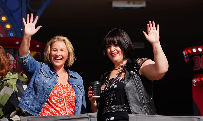 Joanna Page, who plays Stacey Shipman (left) and Ruth Jones, who plays Nessa Jenkins (right) during filming for the Gavin and Stacey Christmas Day special