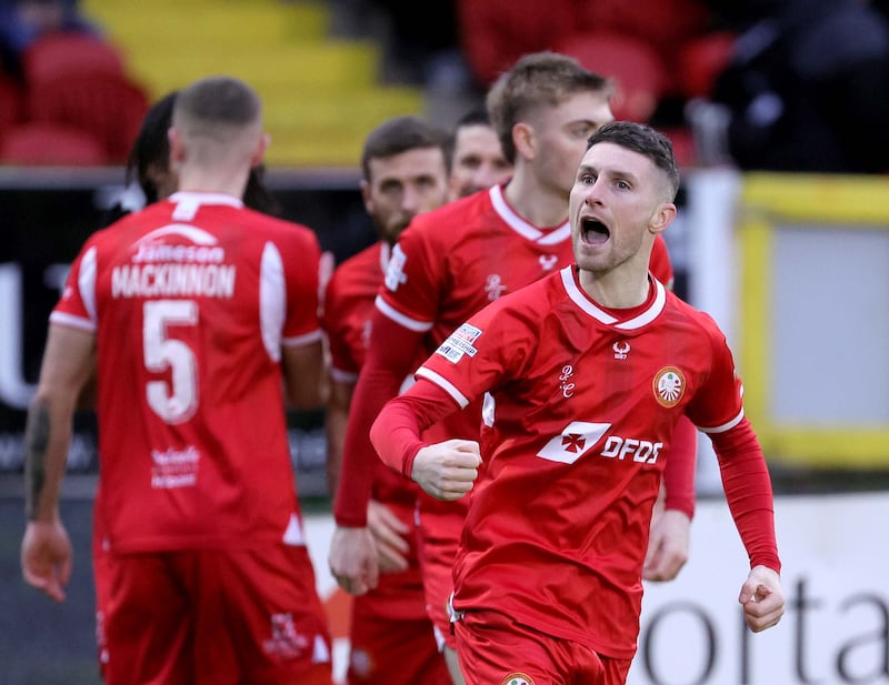 Pacemaker Press 14-12-24
Portadown v Cliftonville - Sports Direct Premiership
Portadown's Ryan Mayse celebrates his goal  during today's game at Shamrock Park, Portadown.  Photo by David Maginnis/Pacemaker Press