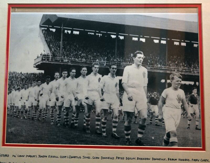 Jody O'Neill captaining Tyrone in the 1956 All-Ireland SFC semi-final against Galway.