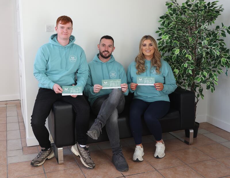 From L-R Cillian McGivern ,  Michael Donnelly and Lauren McCann from Fresh Beginners at Upper Springfield development trust.
PIC COLM LENAGHAN