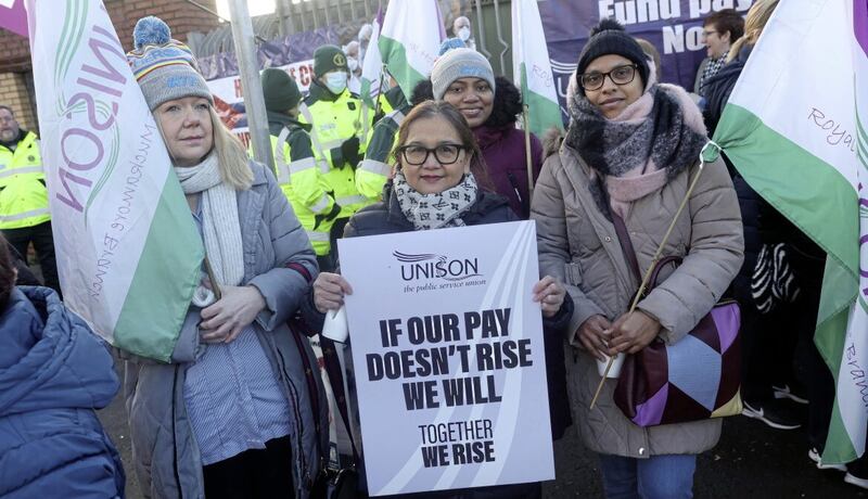 Striking health workers at the Royal Victoria Hospital in Belfast. Picture Mal McCann. 