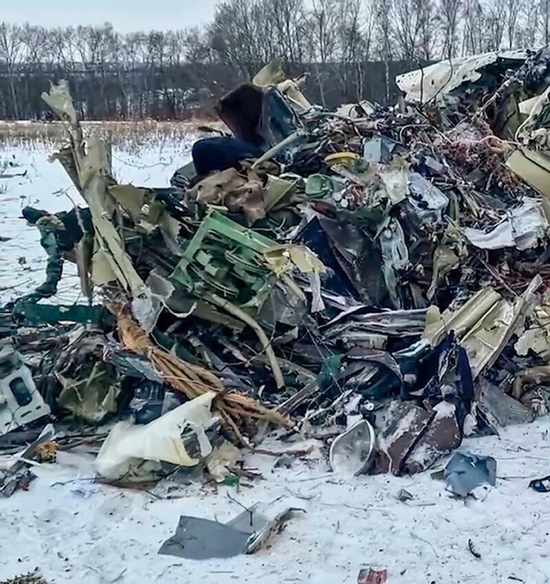 The Il-76 crashed in a huge ball of fire in a rural area of Russia, and authorities there said all 74 people on board, including 65 POWs, six crew and three Russian servicemen, were killed (Russian Investigative Committee via AP)