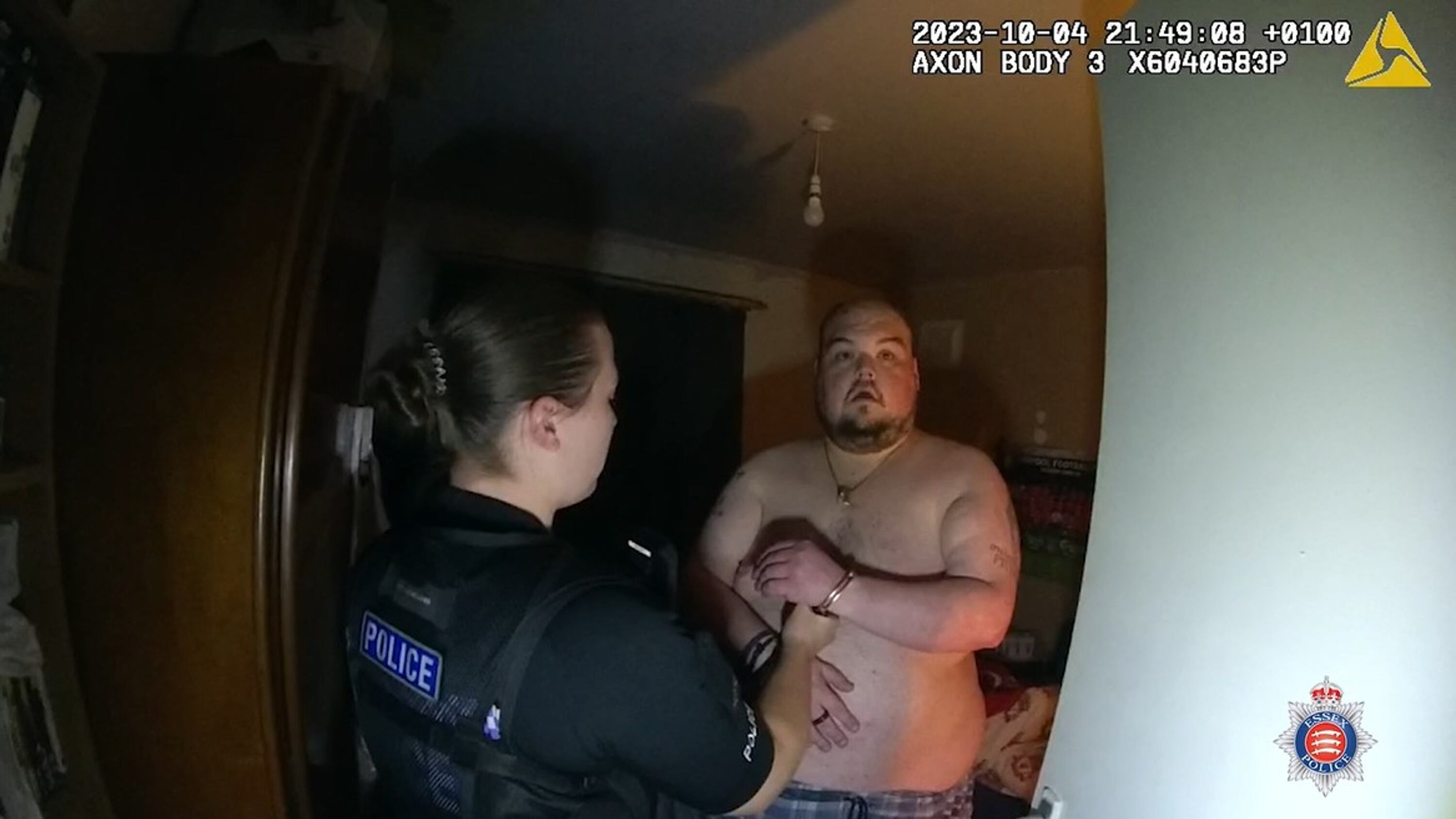 Screengrab from police body-worn video footage of the arrest of Gavin Plumb, who is accused of a plot to kidnap, rape and murder the TV presenter Holly Willoughby