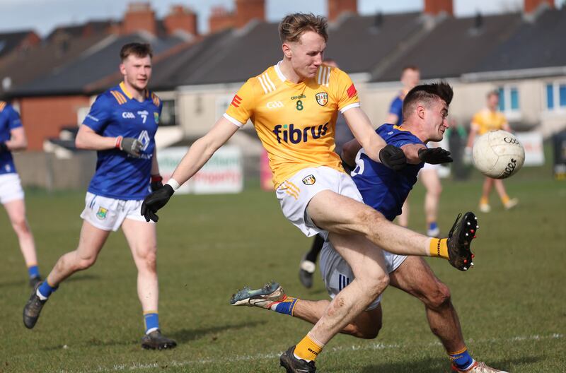 Antrim’s Cathal Hynds  and Wicklow’s Patrick O’Keane  in action during Sunday’s Allianz Football League Roinn 3 game at Corrigan Park in Belfast
PICTURE COLM LENAGHAN