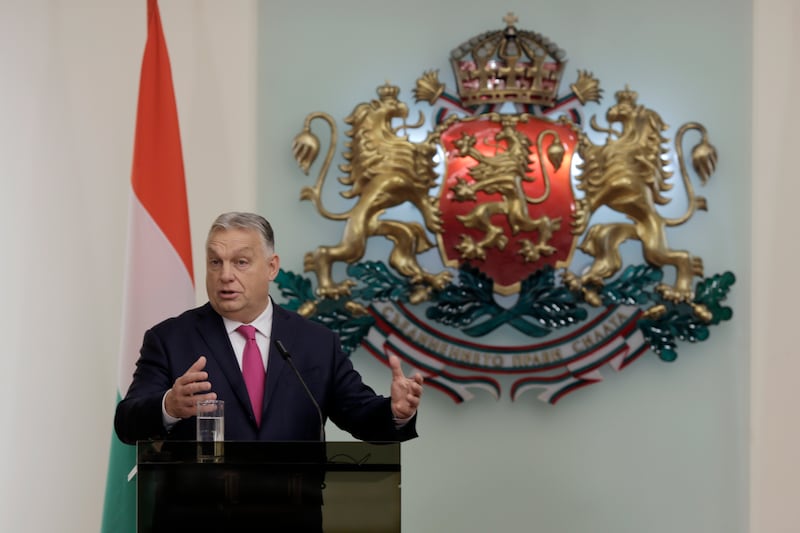 Hungary’s Prime Minister Viktor Orban speaks during his visit at Bulgarian presidency in Sofia (Valentina Petrova/AP)