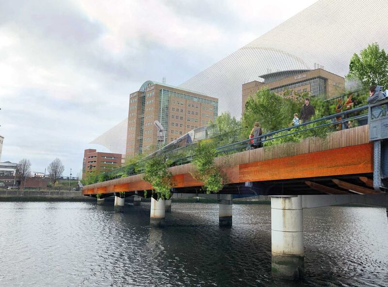 Artist's impression of a bridge across the River Lagan with greenery and trees.