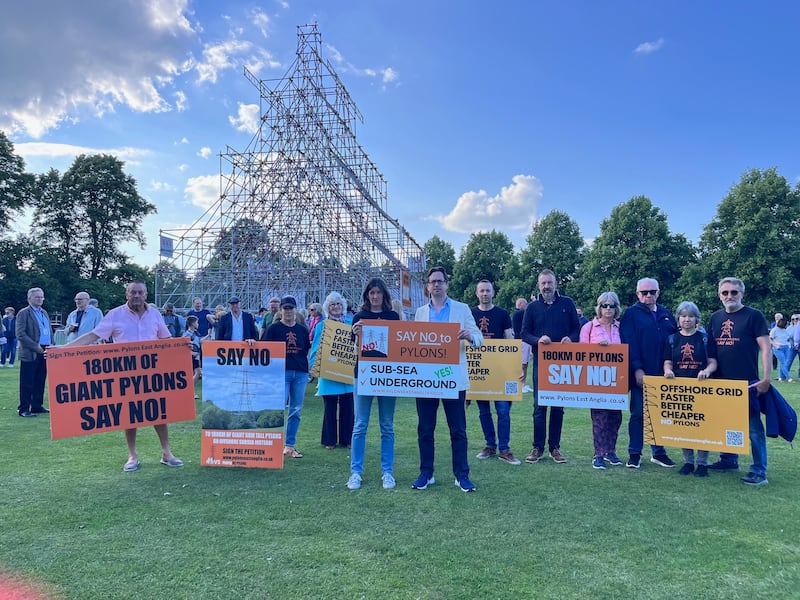 Anti pylon protestors in Essex with local MP Alex Burghart